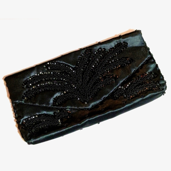 Vintage Black Satin Floral Beaded Bag